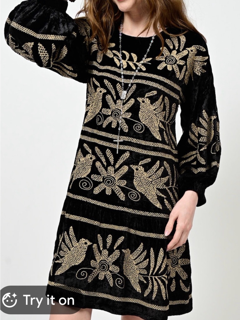 Black Long Sleeve Knit Dress with Silver Bird & Floral Motif